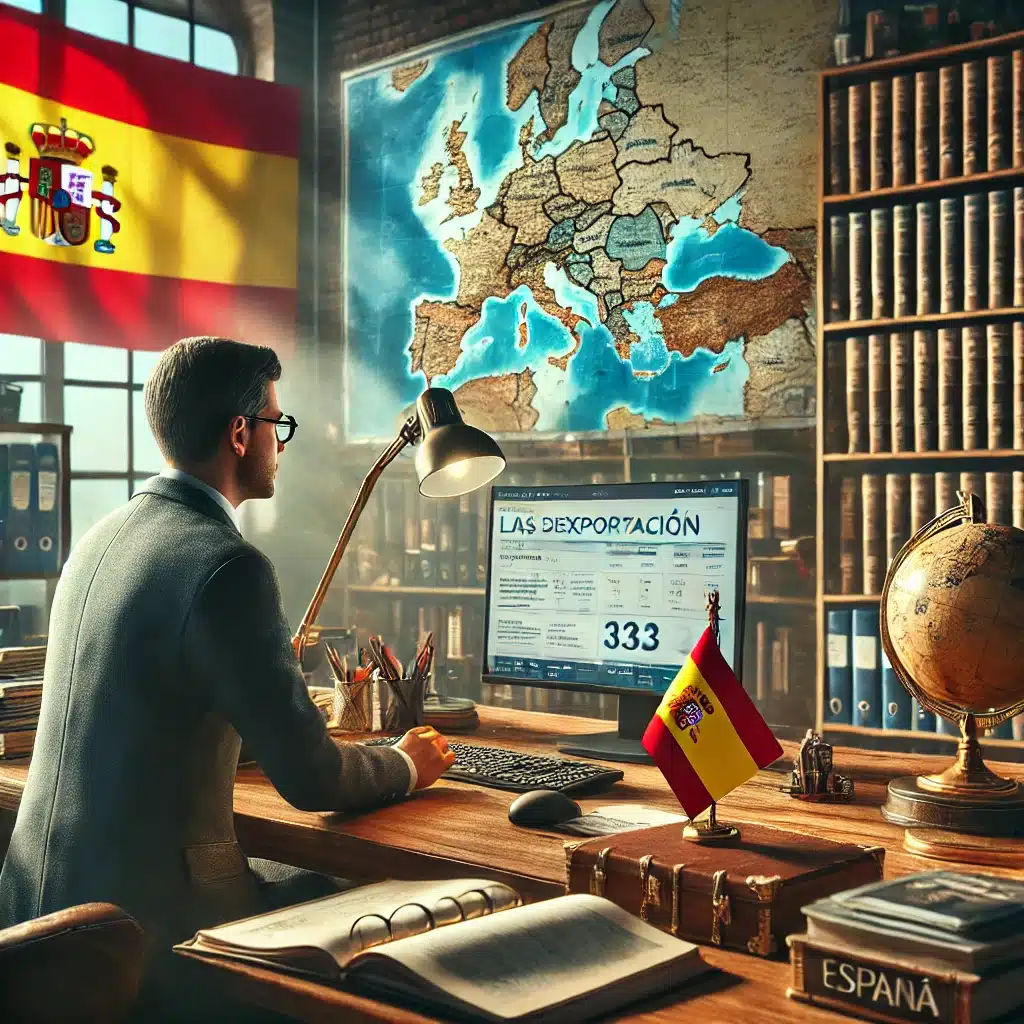 Empresario consultando mapa y documentos de exportación en oficina con bandera española | Tarimas Xalostoc