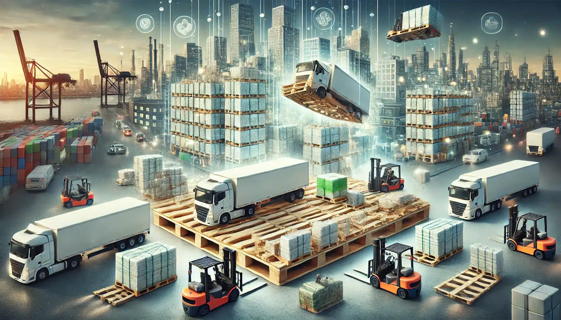 Pallets biodegradables en uso en logística con camiones y montacargas. Materia prima de producto en envases plástico con cadena de suministro y embalaje | Tarimas Xalostoc