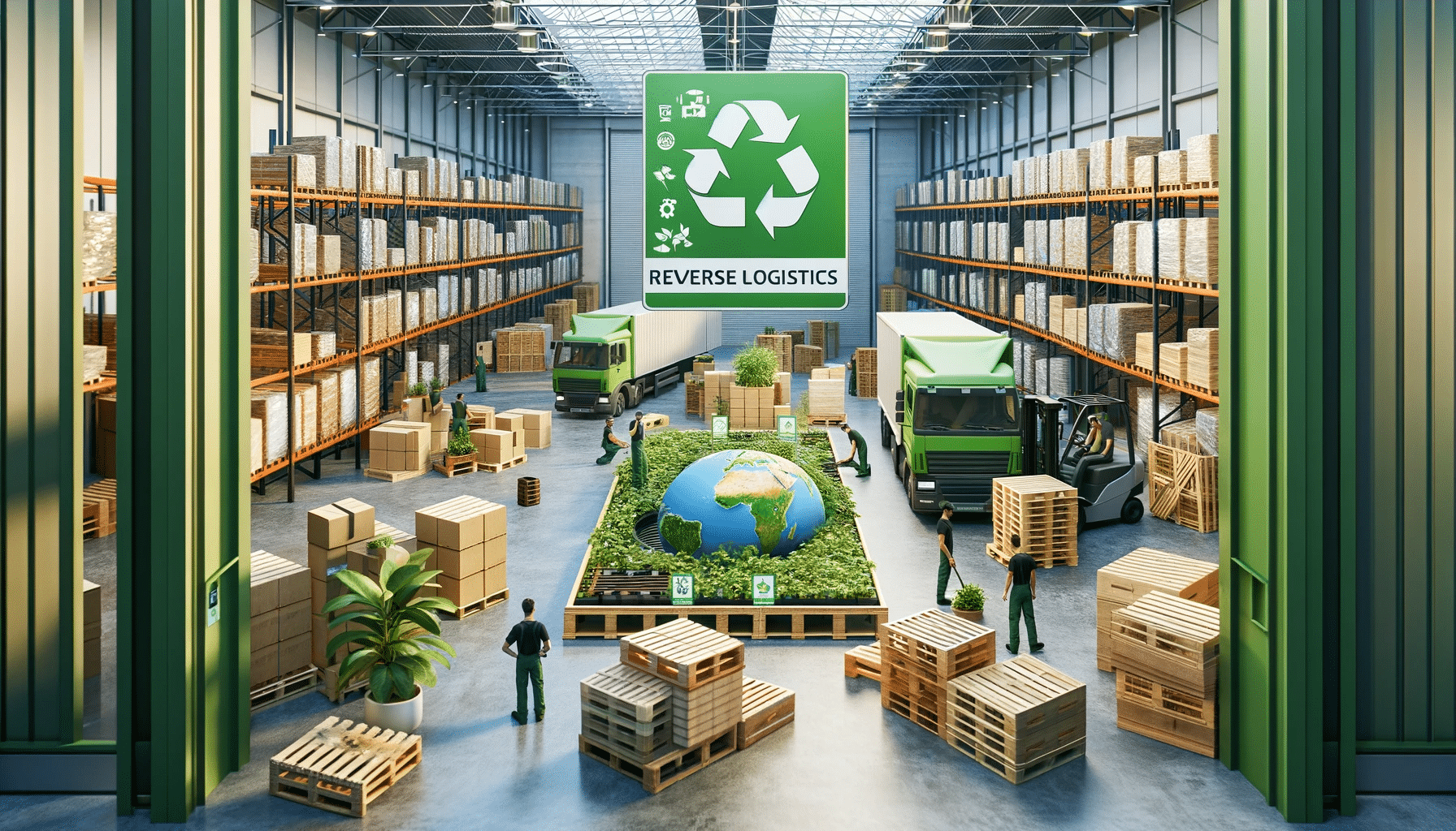Almacén eco-amigable con tarimas recicladas. Productos de entrega consumidor realidad producto entrega producto plástico | Tarimas Xalostoc