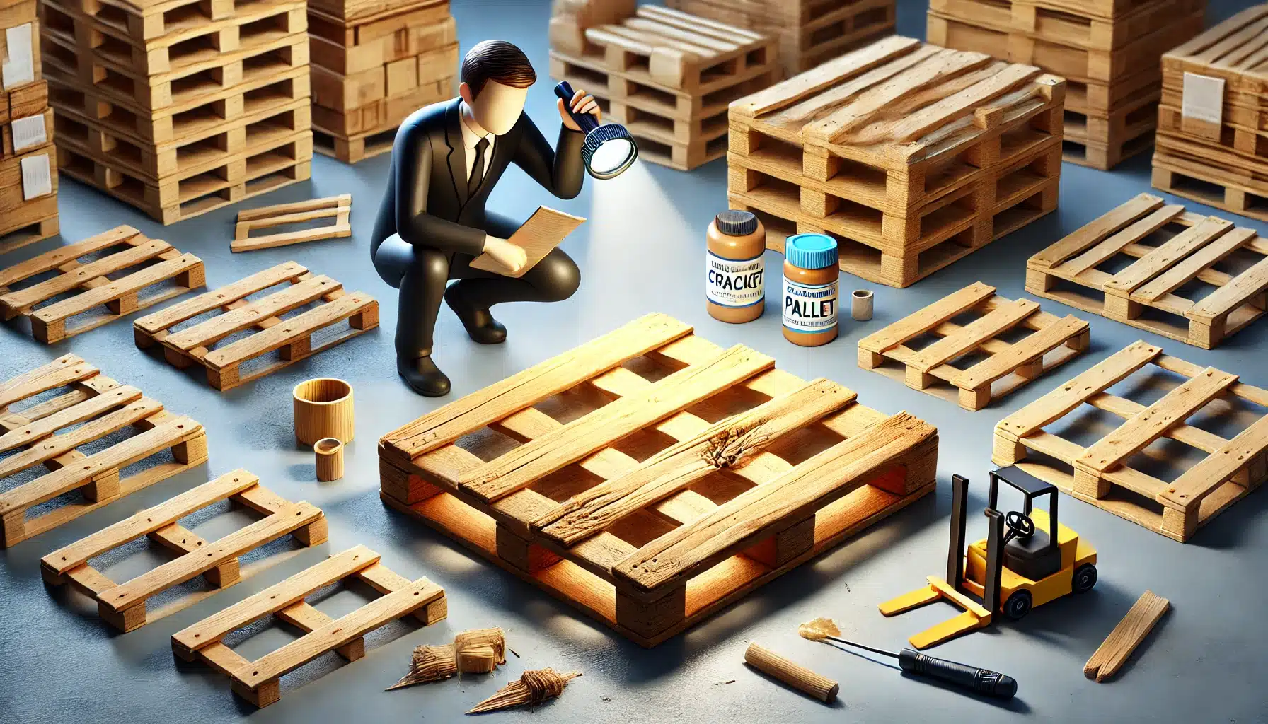 Persona reparando tarima de madera con herramientas en un almacén organizado | Tarimas Xalostoc