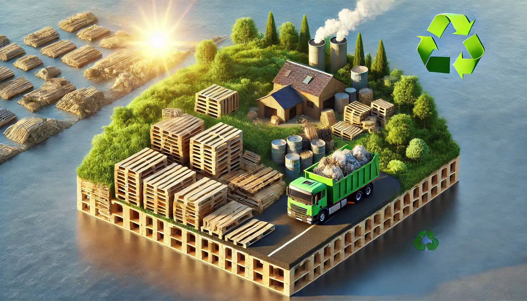 Tarima reciclada en un entorno verde y centro de reciclaje, destacando sostenibilidad. Pallets tarimas de plástico tarima mundo exportación producto embalaje huella de carbono espacio clavos manejo tipo caso envío contrapartes mercancía pallet | Tarimas Xalostoc