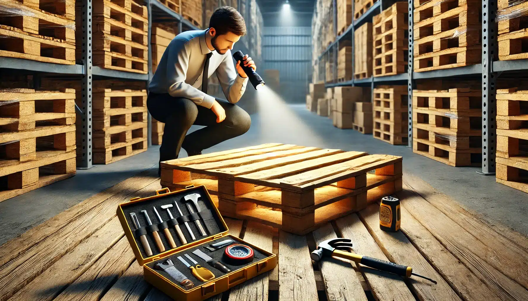 Persona inspeccionando una tarima de madera con herramientas en un almacén organizado. Superficie de piezas en la industria de procesos evitando plagas | Tarimas Xalostoc
