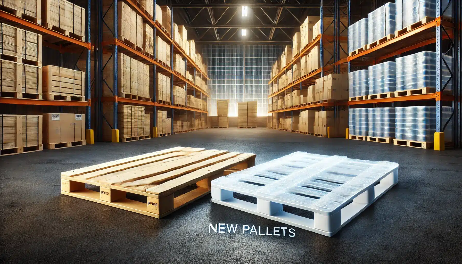 Tarima de madera y plástico nuevas en un almacén, destacando su durabilidad. Comparativa entre tarimas nuevas y recicladas ventajas y desventajas. Empaques | Tarimas Xalostoc