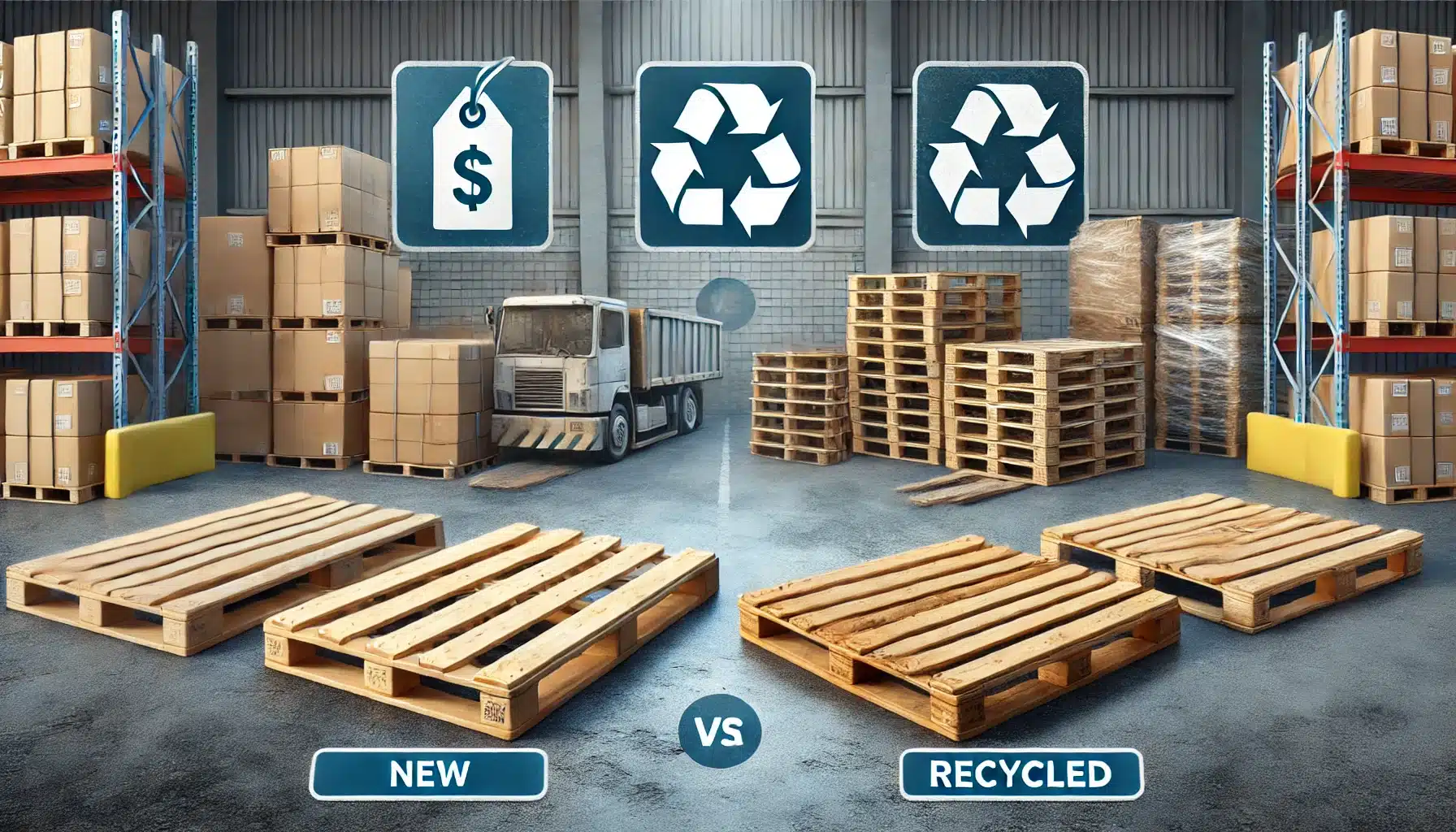 Comparación de tarima nueva y recicladas en un almacén con icono de etiqueta de precio | Tarimas Xalostoc