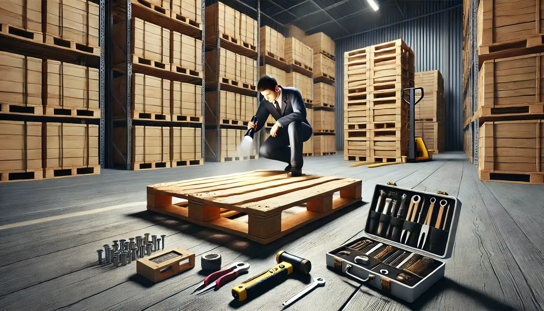 Persona inspeccionando tarimas de madera con herramientas en un almacén bien iluminado. Tareas de máquina en los suelos para la limpieza regular | Tarimas Xalostoc