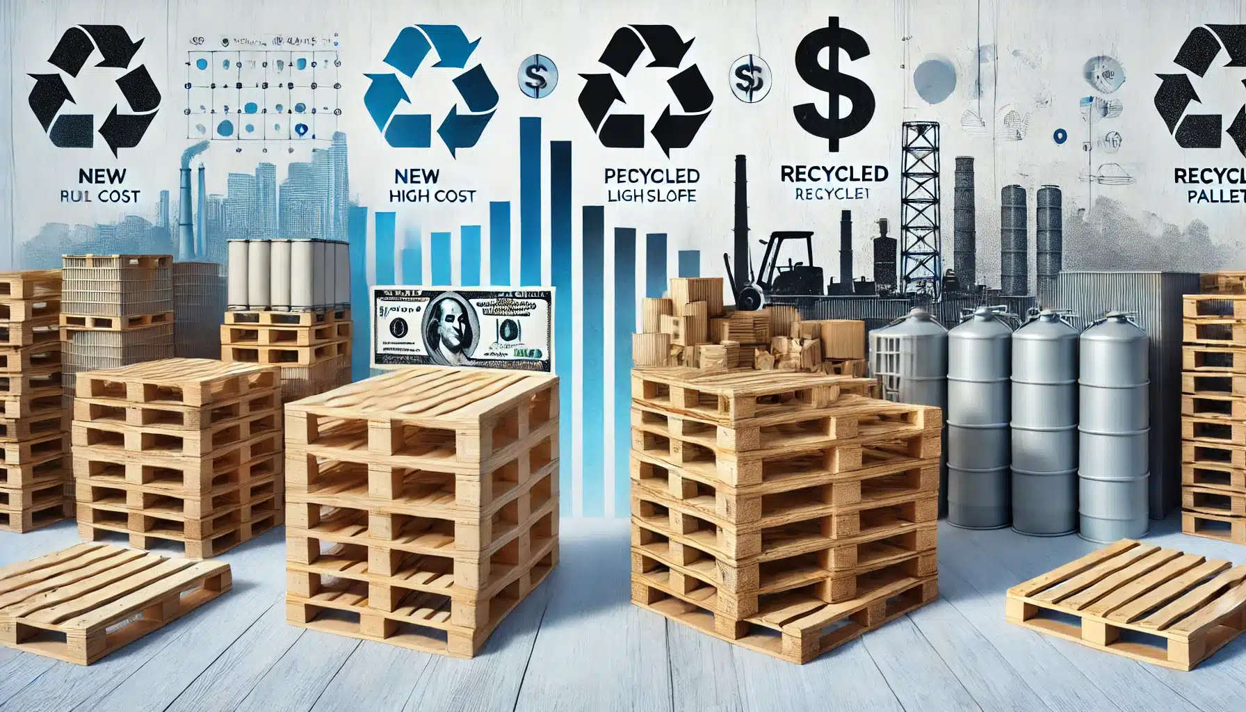 Impacto económico de tarima nuevas y recicladas en la industria con iconos de dólar | Tarimas Xalostoc