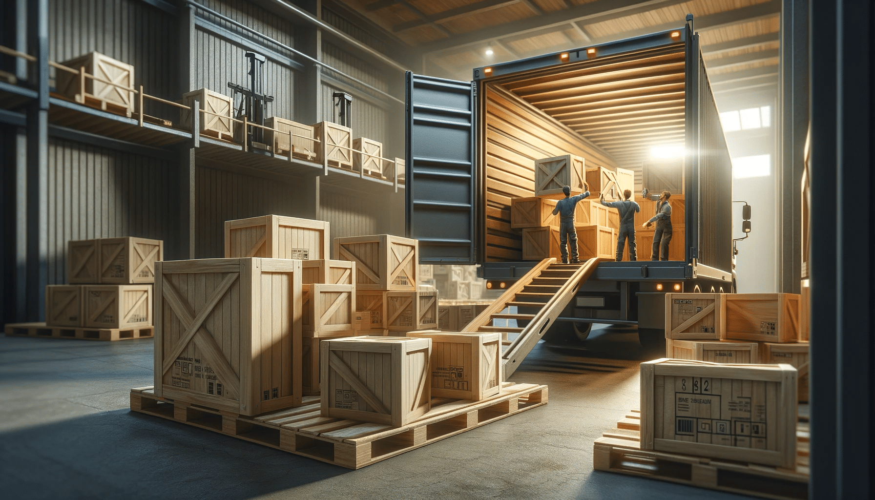 Trabajadores cargando cajas de madera en un camión | Tarimas Xalostoc