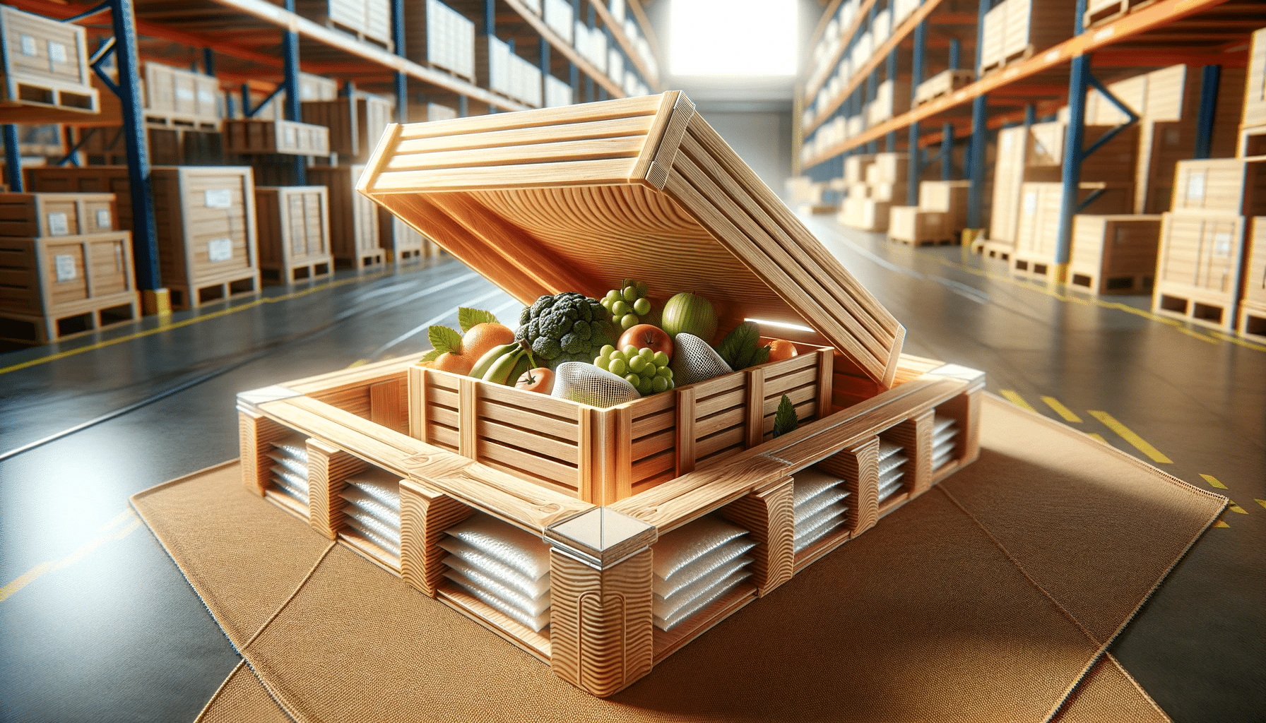 Caja de madera con productos frescos, resistente. Contrachapado y embalajes de madera. | Tarimas Xalostoc.