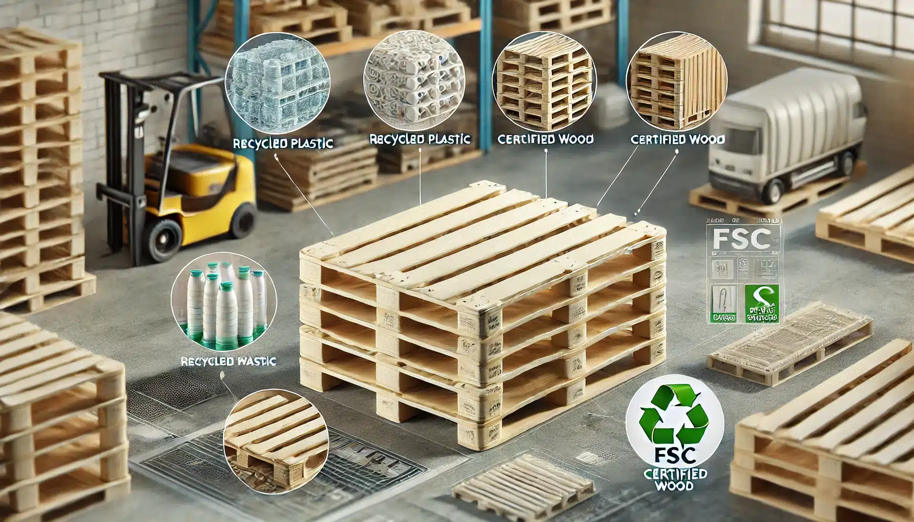 Tarimas ecológicas de plástico reciclado y madera certificada en un taller. Uso de palets de madera para ayudar al dióxido de carbono sin plástico | Tarimas Xalostoc
