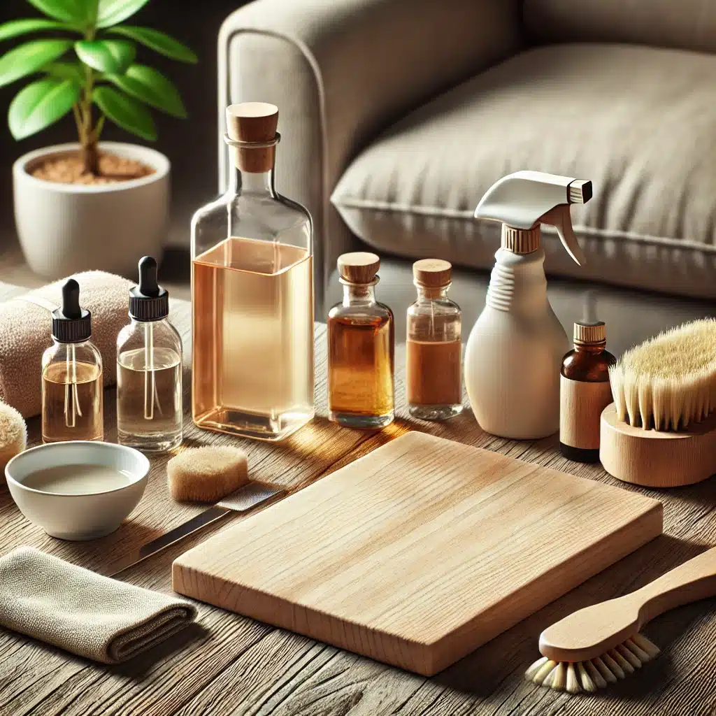 Productos para mantener madera como aceites y ceras junto a superficie bien cuidada. | Tarimas Xalostoc