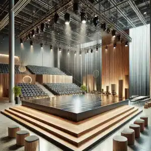 Tarima modular de diseño moderno en un espacio de evento, hecha de materiales ecológicos. | Tarimas Xalostoc