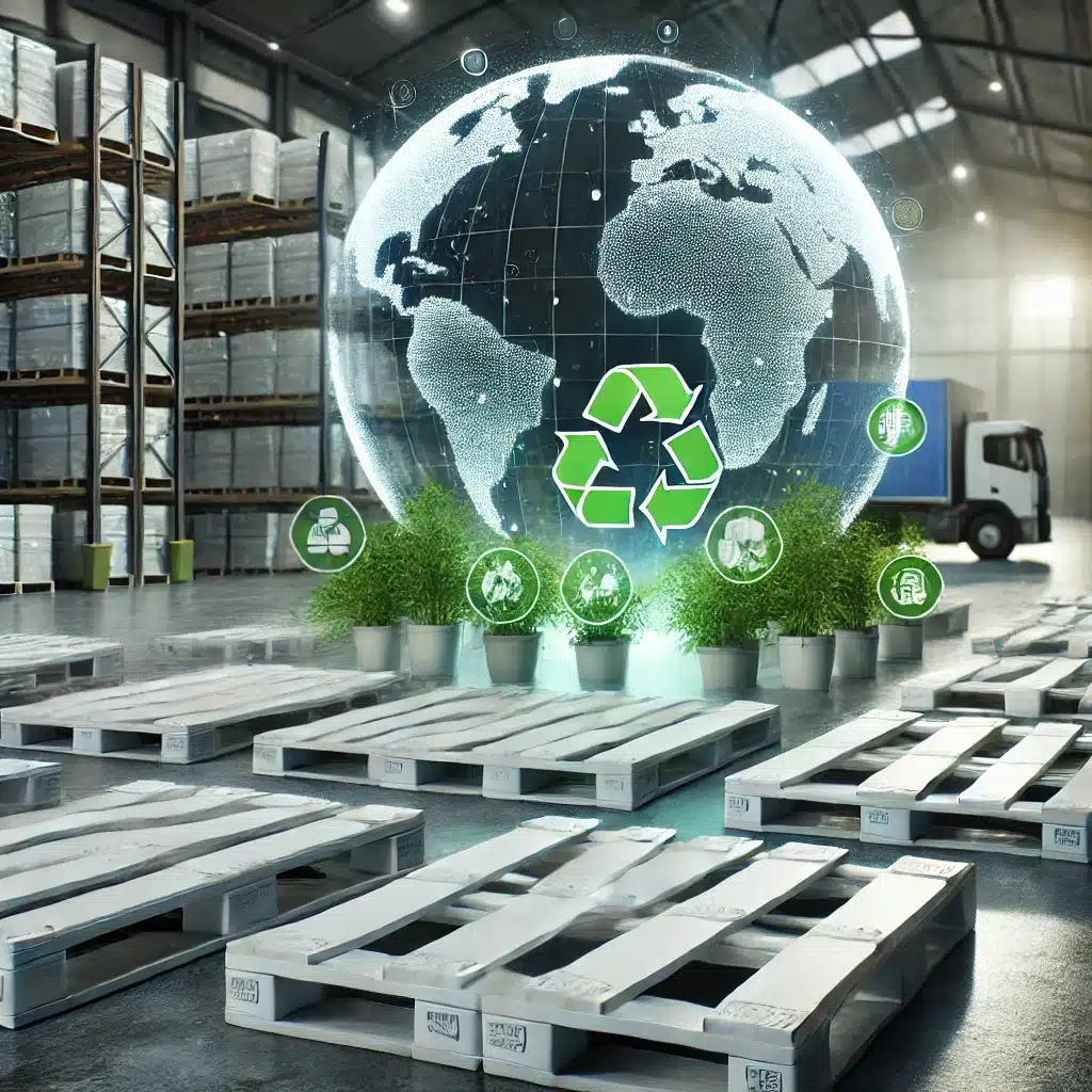 Almacén con tarimas recicladas apiladas y símbolos de sostenibilidad y ecología. | Tarimas Xalostoc