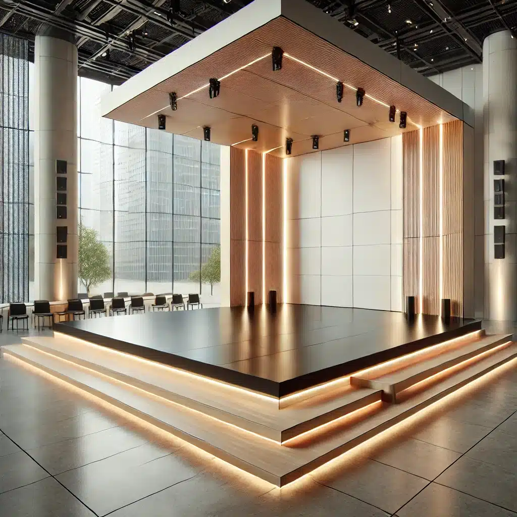 Tarima modular de madera sostenible con iluminación LED en un espacio minimalista moderno. | Tarimas Xalostoc