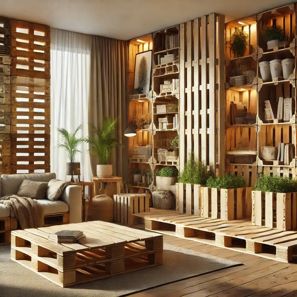 Sala con muebles y estanterías hechas de tarimas recicladas en diseño moderno. | Tarimas Xalostoc