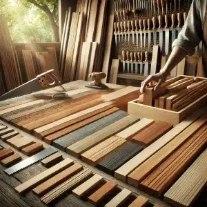 Diversos tipos de madera en un taller con herramientas, resaltando sostenibilidad. | Tarimas Xalostoc