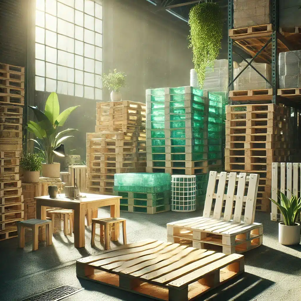 Tarimas recicladas de plástico y madera apiladas en un almacén con plantas. | Tarimas Xalostoc