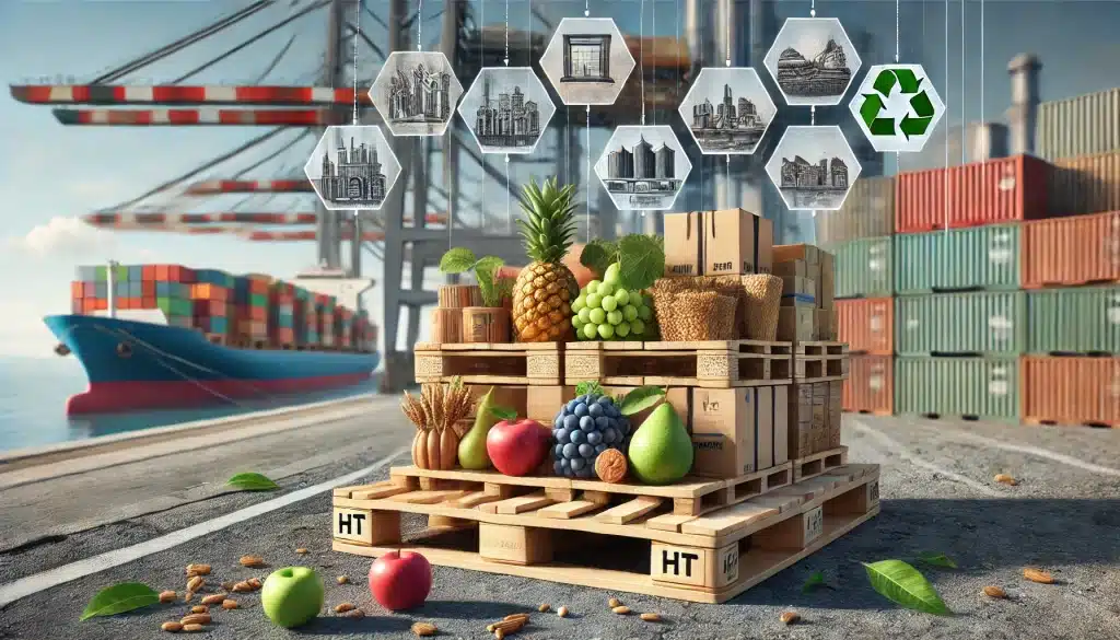 Tarimas HT con productos agrícolas y contenedores para exportación sostenible | Tarimas Xalostoc