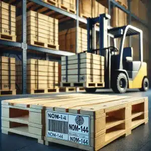 Tarimas de madera certificadas NOM-144 apiladas en un almacén con montacargas. | Tarisma Xalostoc
