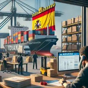 Contenedor de carga en puerto español con bandera y oficina de aduanas en el fondo | Tarimas Xalostoc