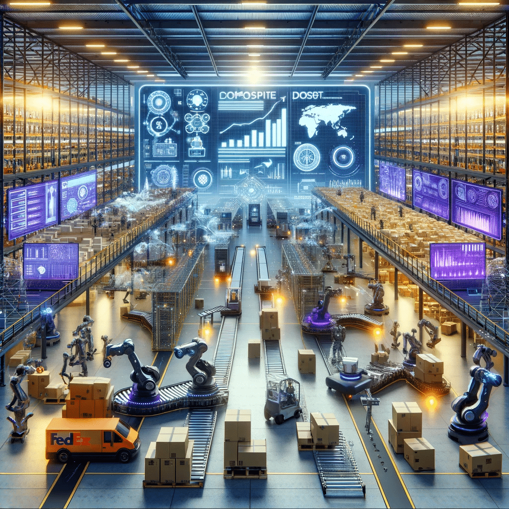 Almacén y hub de entrega con IA y robótica. Tarimas de madera con mercancía en densidad | Tarimas Xalostoc.