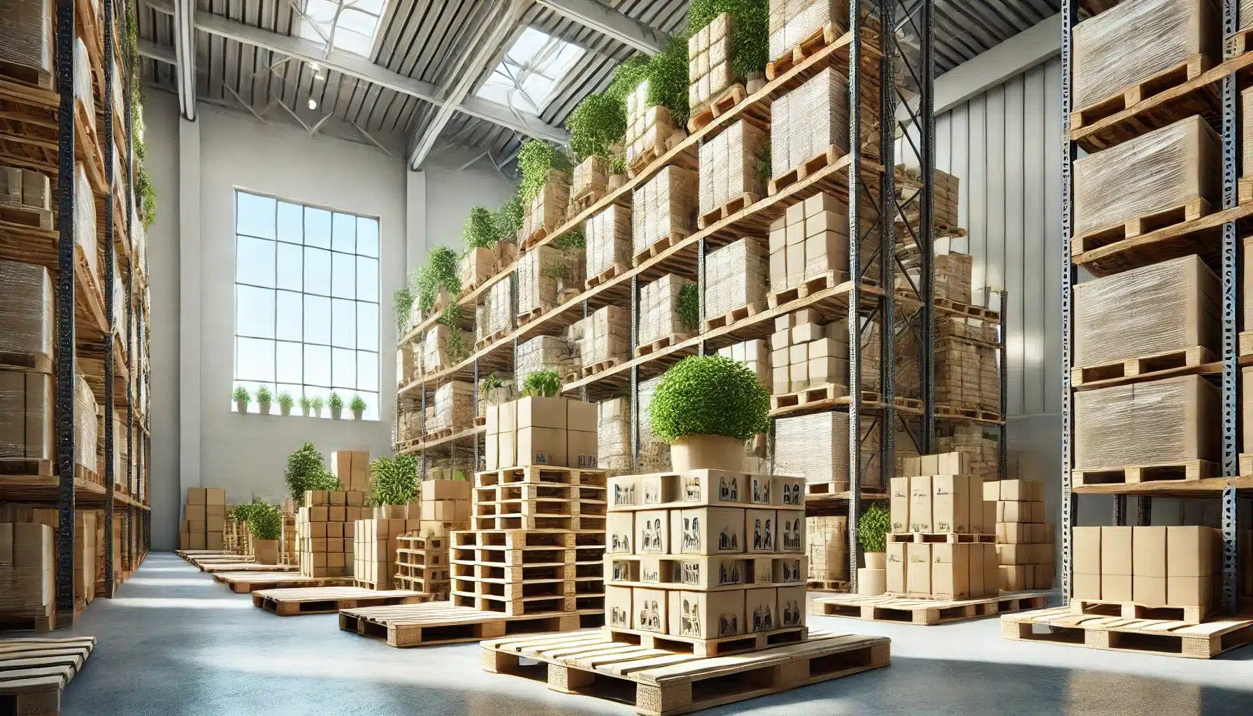 Pallets biodegradables en un almacén moderno y sostenible con plantas y luz natural. Cadena de suministro de embalaje de madera, así evitando la huella de carbono | Tarimas Xalostoc