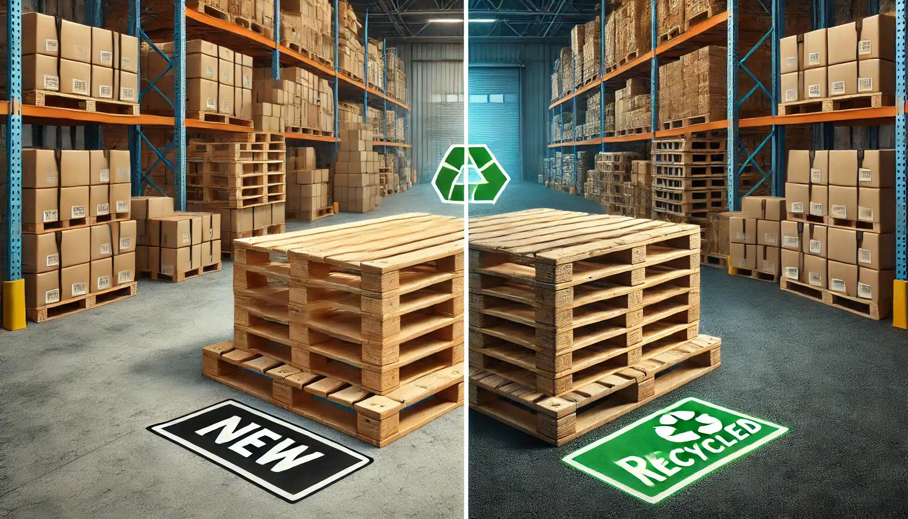Comparación de tarima nueva y reciclada en un almacén | Tarimas Xalostoc
