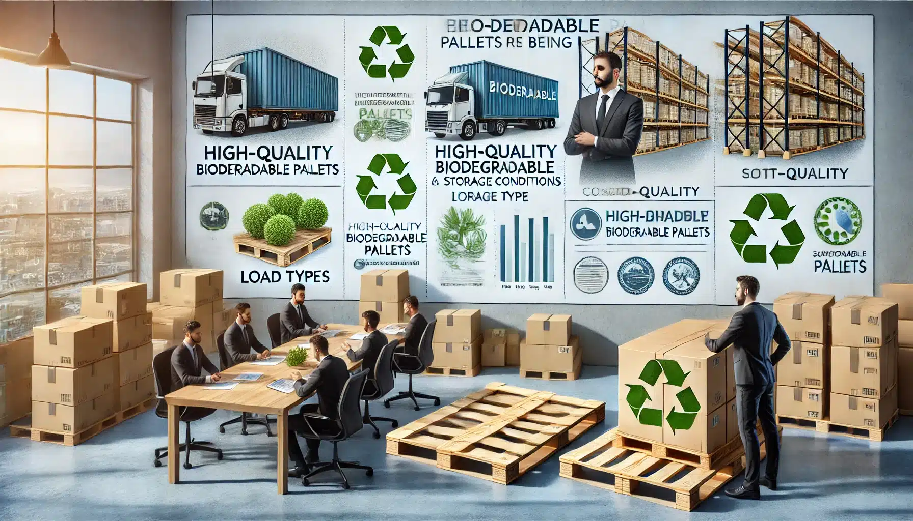 Gerente evaluando tarimas ecológicas y reuniéndose con proveedores en oficina. Palets de mader, uso en contra de gases de efecto invernadero | Tarimas Xalostoc