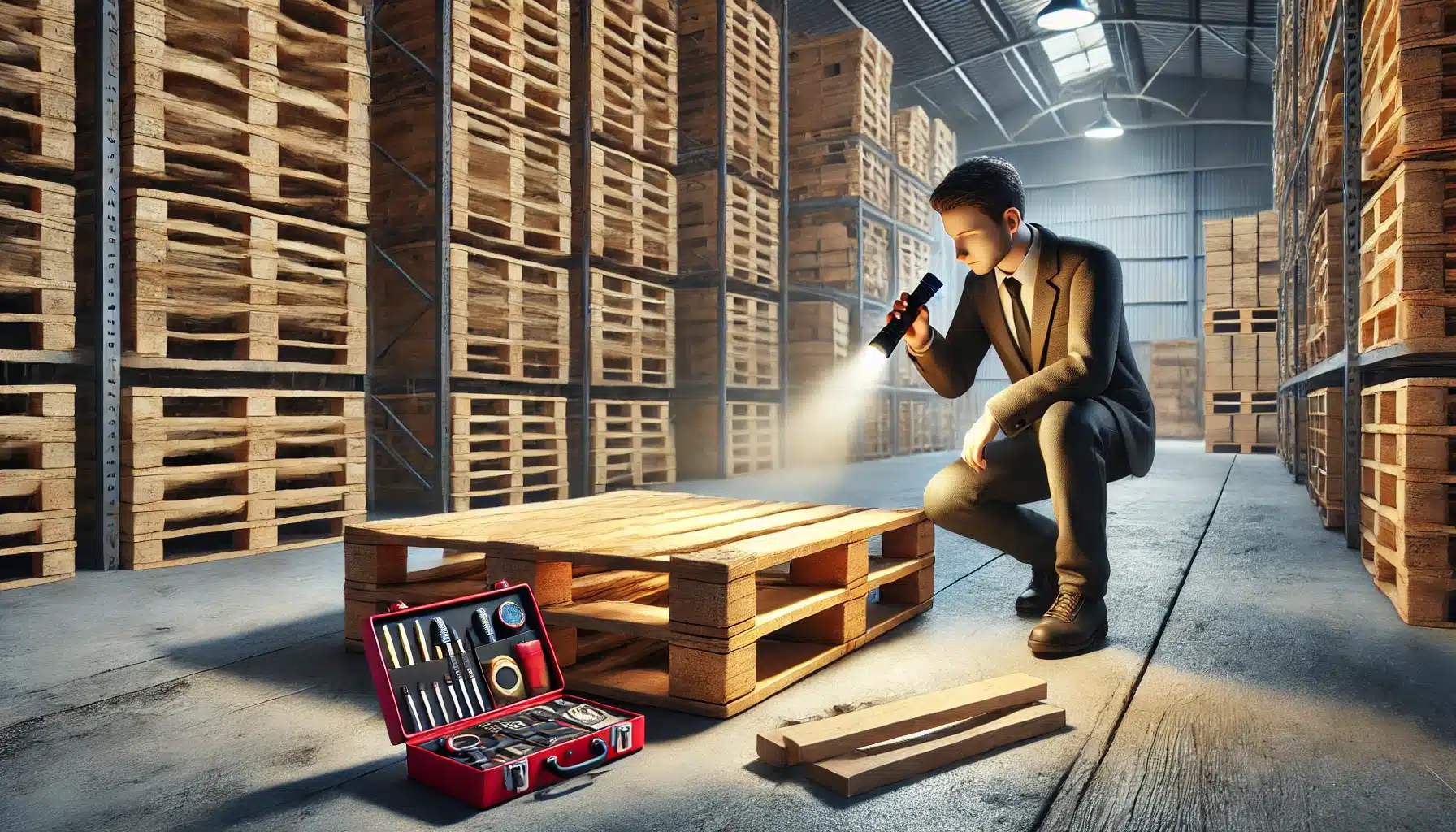 Persona inspeccionando tarimas de madera en un almacén limpio y organizado. Consejos con productos de limpieza y reparación del artículo sin desgaste | Tarimas Xalostoc