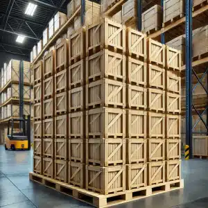 Cajas de madera apiladas en almacén industrial | Tarimas Xalostoc