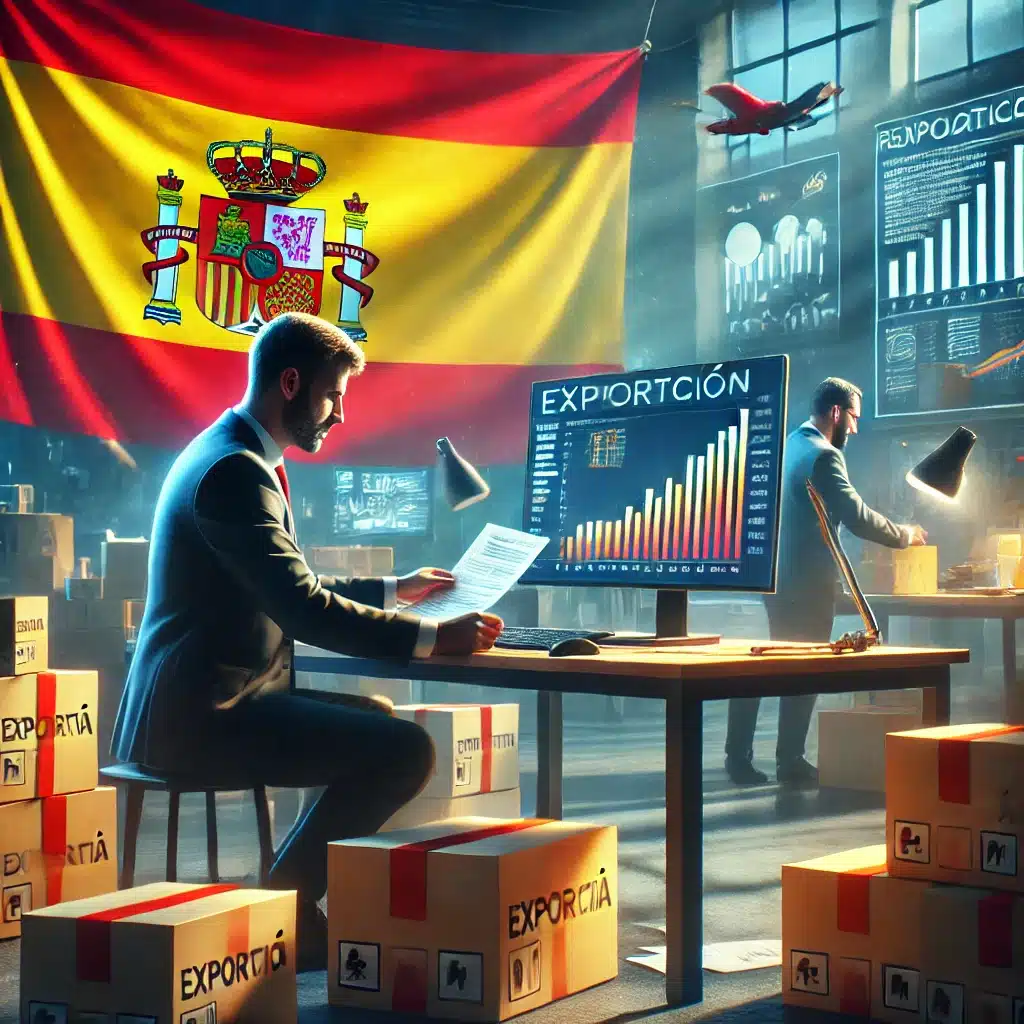 Empresario español revisando documentos de exportación con cajas etiquetadas en oficina | Tarimas Xalostoc