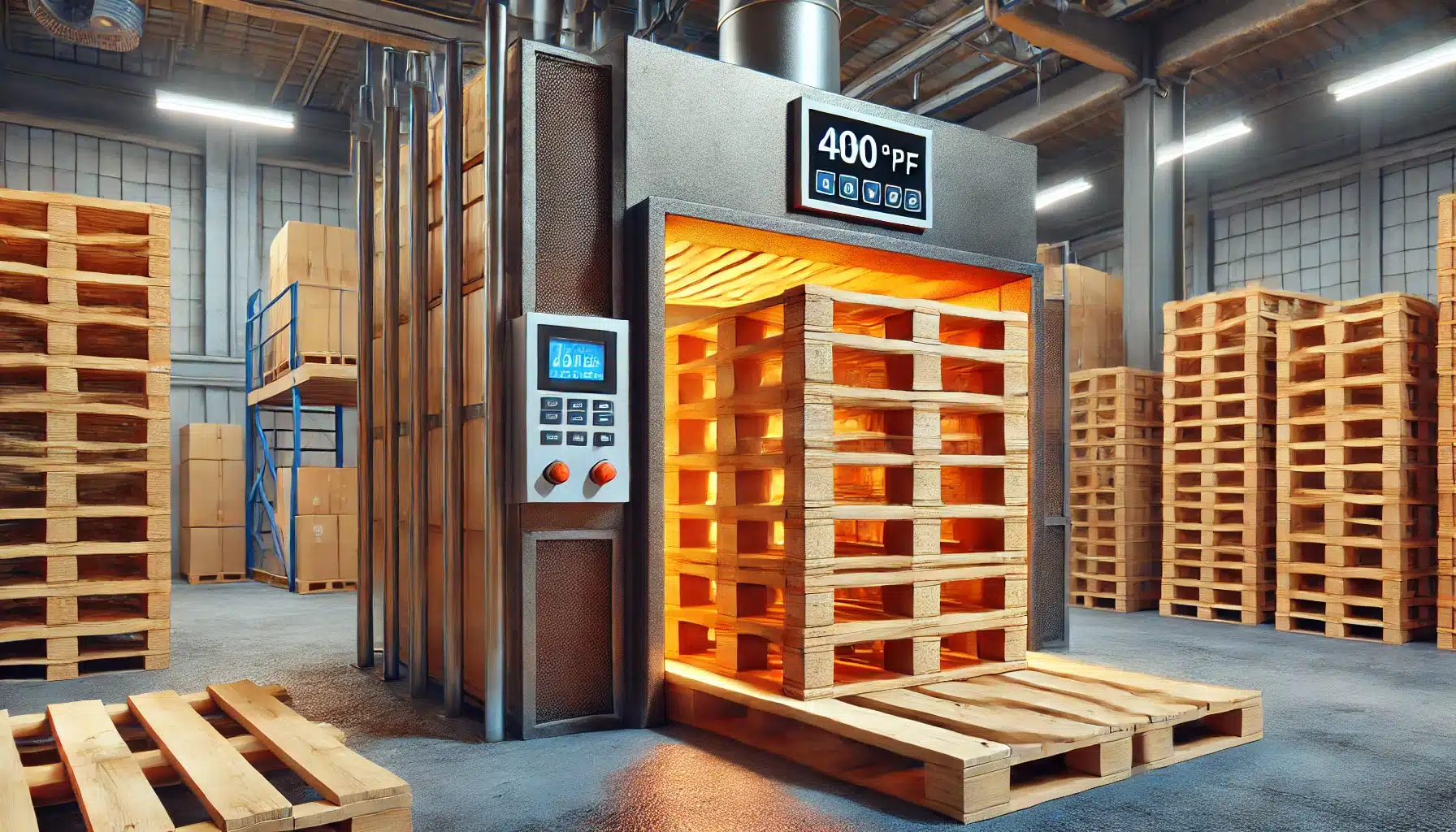 Tarima de madera en proceso de tratamiento térmico en horno industrial | Valeria Uniformes Corporativos