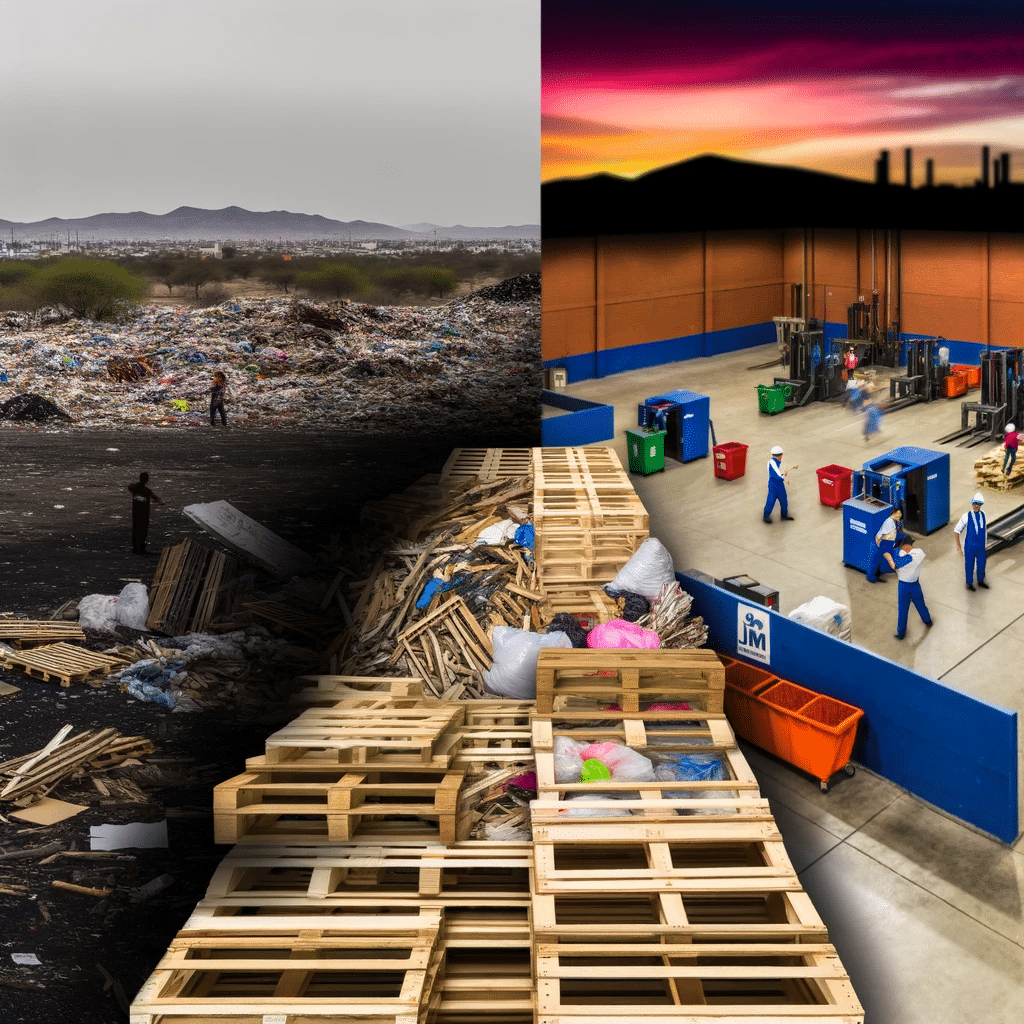 Contraste entre vertedero y planta de reciclaje activa. Tema de reciclado de palets, hechos de industrias. | Tarimas Xalostoc.